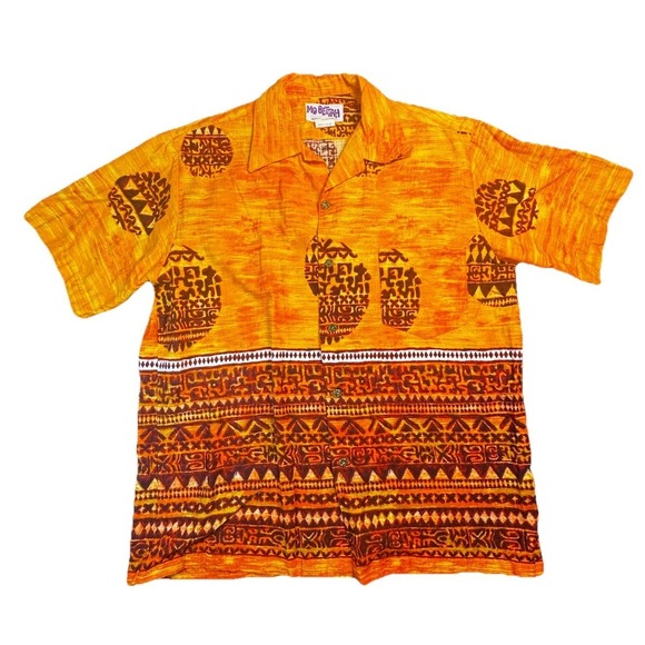 MO BETTAH HAWAII Other - VTG Mo Bettah Hawaii Mens L Orange Hawaiian Aloha Shirt Tiki Tribal 100% Cotton